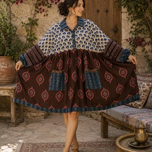Hand Block Print Cotton Dress | Boho Tunic with Pockets, Free Size, Loose Fit