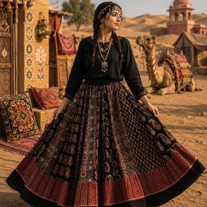 May include: A long-sleeved black blouse paired with a voluminous, floor-length skirt featuring a complex pattern of paisley, geometric shapes, and floral motifs in shades of red, black, and white, finished with a wide, dark, patterned border.