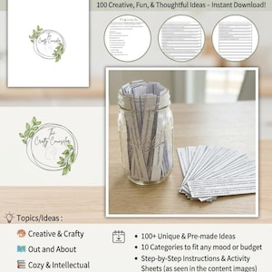 May include: A glass mason jar filled with white paper strips containing printed text, accompanied by a stack of identical loose paper strips. The image includes text reading Parent-Child Date Idea Strips, The Crafty Counselor, and lists various activity categories and features.