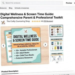Op de afbeelding: Een digitaal productoverzicht voor een gids over digitaal welzijn en schermtijd. De omslag bevat de titel, de ondertitel Navigating Mental Health in a Digital World, en een lijst met 30+ opmerkelijke professionals, 50+ boeken voor volwassenen, 60+ boeken voor kinderen/tieners en uitgebreide bronnen.
