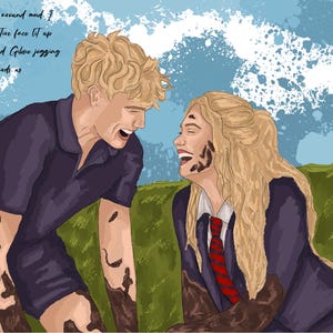 May include: A digital illustration of two people with blonde hair laughing, covered in mud. One wears a dark polo shirt, the other a dark blazer with a red and black striped tie. Text reads: Claire spun around and I swear her entire face lit up when she noticed Gibsie jogging towards us.