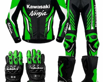 Set di stivali e guanti da corsa Kawasaki Ninja per moto: Tuta in pelle da motociclista personalizzata per strada e pista, scarpe e guanti da motoGP.