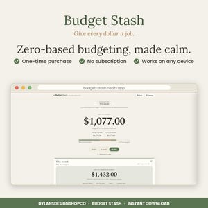 Pode incluir: Uma interface digital para o Budget Stash, uma ferramenta de orçamento base zero. O ecrã apresenta dados financeiros, incluindo um montante de orçamento de $1.077,00, rendimentos e despesas. O esquema inclui títulos e marcas de verificação.