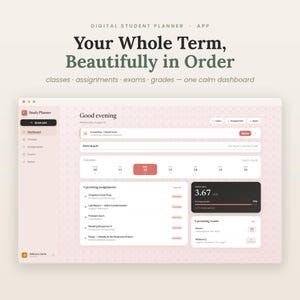 May include: A digital student planner app interface displayed on a screen. The dashboard features a light pink background with a subtle dot pattern, displaying sections for classes, assignments, exams, and grades with the text Your Whole Term, Beautifully in Order.