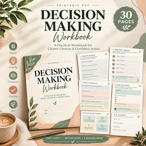 Puede incluir: Un cuaderno de trabajo PDF imprimible de 30 páginas titulado "Decision Making Workbook, A Practical Workbook for Clearer Choices & Confident Action", con ilustraciones de hojas verdes en la portada y varias páginas interiores.