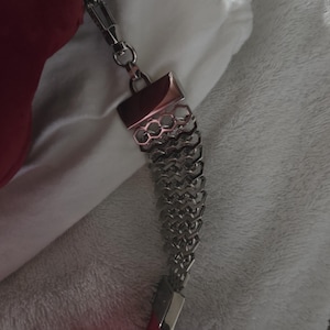 Puede incluir: Una correa de cadena de metal plateado con un patr&oacute;n de eslabones hexagonales o de panal. La cadena est&aacute; unida a un material rojo en ambos extremos mediante conectores met&aacute;licos rectangulares pulidos y un cierre de mosquet&oacute;n.