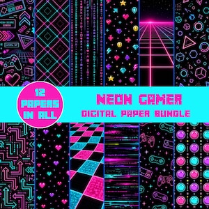 May include: A digital paper bundle featuring 12 distinct patterns with neon pink, blue, and purple graphics on black backgrounds. Designs include pixelated hearts, game controllers, geometric shapes, grid lines, and text reading Neon Gamer.