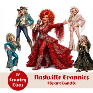 Könnte beinhalten: Ein digitales Clipart-Paket mit dem Titel 12 Country Divas Nashville Grannies, das fünf Illustrationen von Frauen mit voluminösem blondem oder rotem Haar zeigt, die verzierte Outfits im Western-Stil mit Fransen, Pailletten und Mikrofonen tragen.