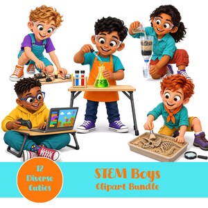 Puede incluir: Una ilustración digital que muestra a cinco niños diversos realizando actividades STEM, incluyendo electrónica, química, filtración de agua, programación y paleontología. El texto dice 12 Diverse Cuties STEM Boys Clipart Bundle.
