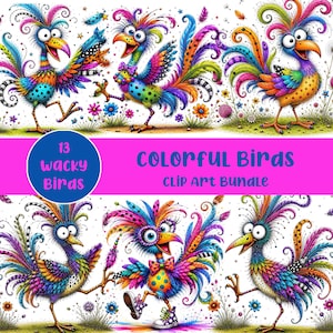 Puede incluir: Un paquete de imágenes prediseñadas digitales que presenta 13 aves extravagantes con plumaje vibrante y multicolor, ojos grandes y expresivos y patrones caprichosos. Las aves se muestran en varias poses sobre un fondo blanco con flores y texto.