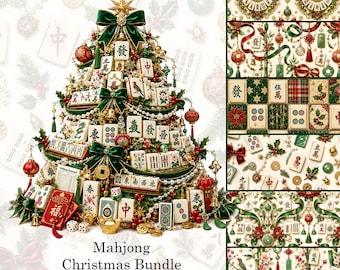 Puede incluir: Un árbol de Navidad decorado con fichas de mahjong, lazos de terciopelo verde, adornos rojos y detalles dorados, junto a seis hojas de papel de regalo a juego con patrones de fichas de mahjong, acebo y motivos festivos navideños.