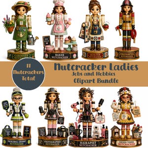 Op de afbeelding: Een verzameling van acht decoratieve notenkrakerbeeldjes die verschillende beroepen en hobby's vertegenwoordigen, waaronder een tuinman, bakker, quilter, brandweerman, pickleballspeler, fotograaf, kapper en kippenhouder, allemaal op ronde voetstukken.
