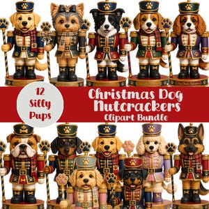 Op de afbeelding: Een digitaal clipart-pakket met 12 hondennotenkrakers in uniform, elk met een pootvormige staf. De afbeelding bevat de tekst 12 Silly Pups Christmas Dog Nutcrackers Clipart Bundle op een rode achtergrond met verschillende hondenrassen.