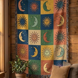 Sun and Moon Patchwork Woven Blanket | Celestial Throw, Boho Earth Tone Tapestry, Cozy Bedroom or Living Room Decor, Spiritual Gift