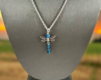 Silver Chain Necklace with Blue Dragonfly