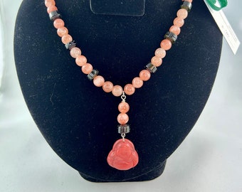 Sunstone and Strawberry Quartz Buddha Necklace