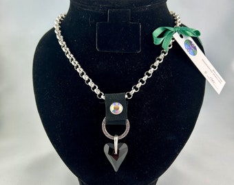 Silver Large Link Rolo Chain Necklace with Black Swarovski Heart