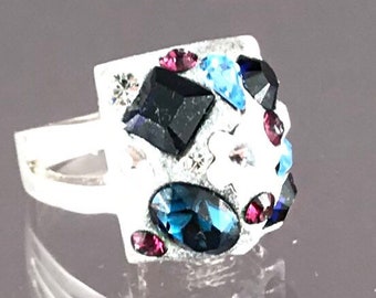 Square Blues Swarovski Crystal Ring