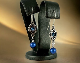 Blue Pearl & Evil Eye Earrings