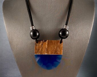 Blue Resin & Wood on Suede Cord