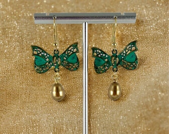 Gold Swarovski Pearls with Green Bows Earrings
