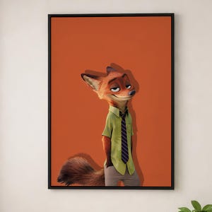 May include: A framed wall art print featuring a stylized anthropomorphic fox with orange fur, wearing a light green button-down shirt and a dark purple striped tie, set against a solid burnt orange background with a black frame border.
