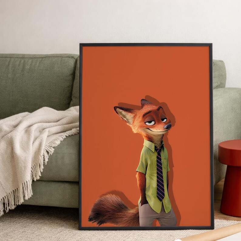 May include: A framed vertical wall art print featuring a cartoon fox character with orange fur, wearing a light green short-sleeved button-down shirt and a dark purple striped necktie, set against a solid orange background with a drop shadow.