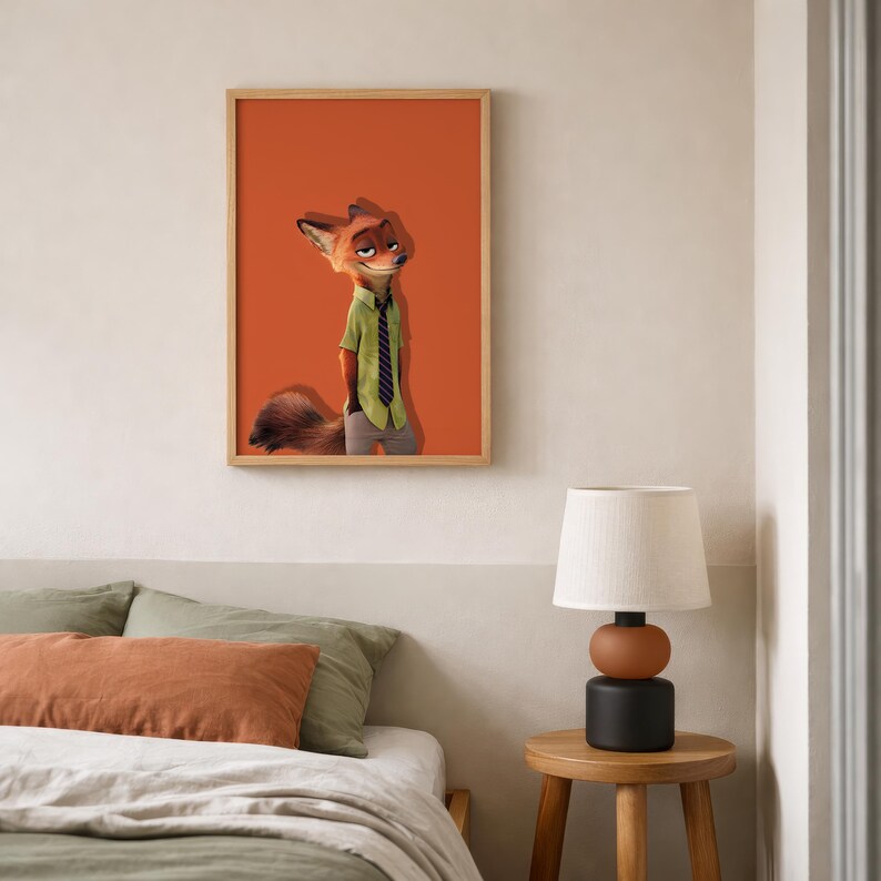 May include: A rectangular wall art print featuring a stylized illustration of a fox character with orange fur, wearing a light green button-down shirt and a dark blue striped tie, set against a solid burnt orange background in a wooden frame.