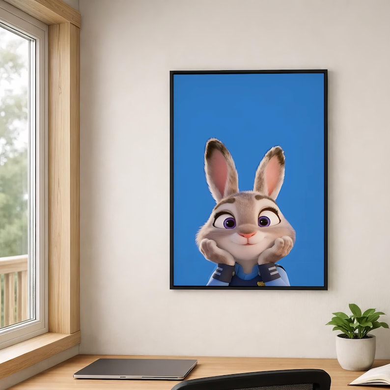 Judy Hopps poster - schattige konijntje karakter kunstprint, minimaal Disney muurdecor, Zootopia fan cadeau poster afbeelding 1