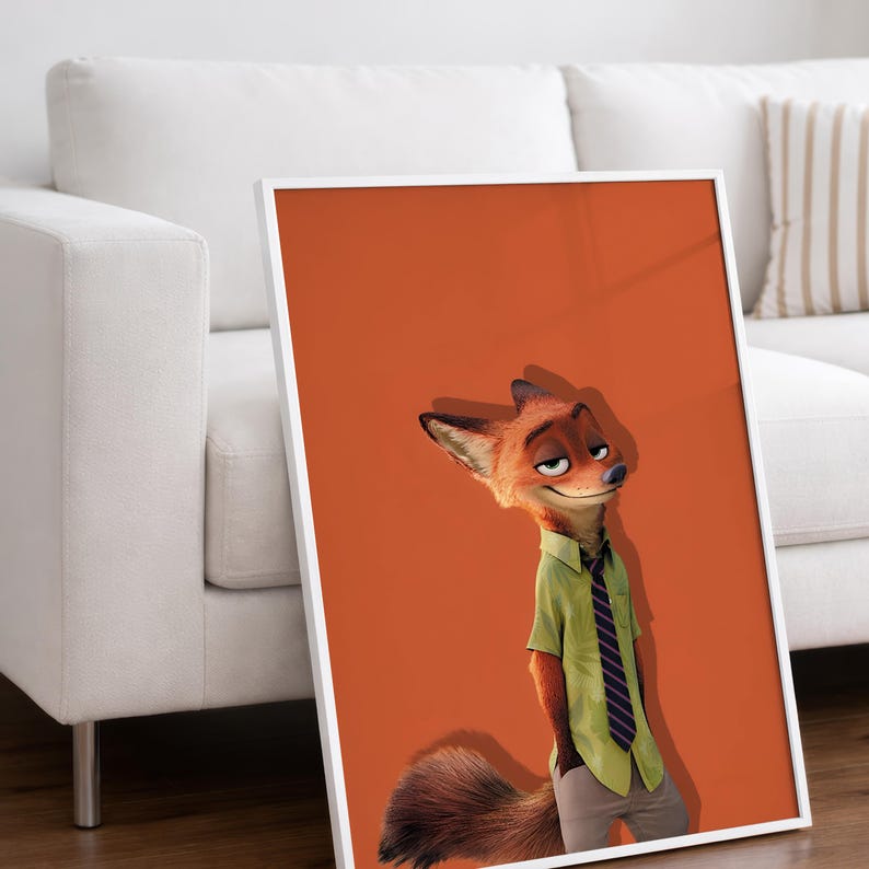 May include: A framed wall art print featuring a stylized orange fox character with a smirk, wearing a light green short-sleeved button-down shirt and a dark blue and purple striped necktie, set against a solid burnt orange background.
