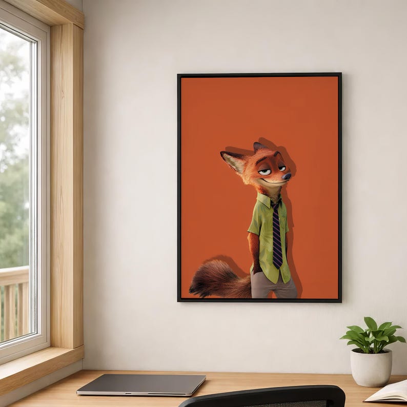 May include: A framed wall art print featuring a stylized anthropomorphic fox with orange fur, wearing a light green button-down shirt and a dark purple striped tie, set against a solid burnt orange background with a black frame border.