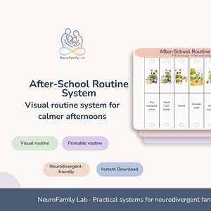 May include: A printable After-School Routine System chart featuring panda illustrations for tasks like putting away backpacks, washing hands, snacks, walks, wall pushes, homework, and free time. The chart includes a High Energy label and the NeuroFamily Lab logo.