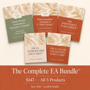 Pode incluir: Uma coleção de cinco livros intitulados From Virtual Assistant to Executive Assistant, From Executive Assistant to C-Suite Partner, The Independent EA Blueprint, The EA Interview Prep Cheat Sheet e The EA Salary Negotiation Script Card.