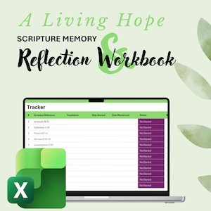 Könnte beinhalten: Ein digitales Arbeitsbuch mit dem Titel A Living Hope Scripture Memory & Reflection Workbook auf einem Laptop-Bildschirm. Die Benutzeroberfläche zeigt eine Tracking-Tabelle mit Spalten für Schriftstellen, ein Excel-Symbol und eine grüne Blattgrafik.