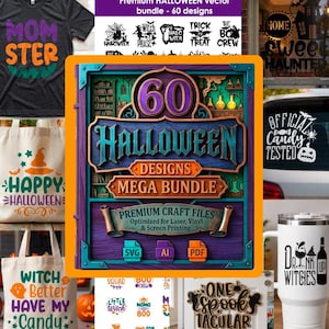 Puede incluir: Una pantalla gráfica digital con el texto 60 HALLOWEEN DESIGNS MEGA BUNDLE, rodeada de varios artículos con temática de Halloween, como una camiseta, bolsas de tela, una calcomanía para coche y un vaso, todos con diversos diseños gráficos espeluznantes.