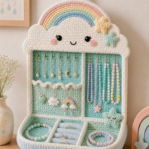 Rainbow Cloud patroon gehaakte sieradenopberger (pdf) amigurumi wandhanger