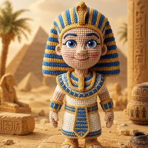 May include: A crochet doll depicting an Egyptian pharaoh with a beige complexion, blue and yellow striped headpiece, and matching collar, belt, and wrist cuffs. The doll wears a white tunic and sandals, featuring large blue eyes and pink cheeks.