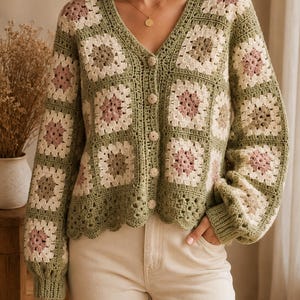May include: A long-sleeve crochet cardigan featuring a granny square pattern in shades of sage green, cream, and dusty rose. The garment has a V-neckline, a front button closure with five round textured buttons, and a scalloped hemline with ribbed cuffs.