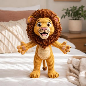 Puede incluir: Un peluche de león tejido a ganchillo con cuerpo amarillo dorado, vientre color crema y una melena gruesa de hilo marrón oscuro. El león tiene ojos grandes de color marrón, nariz rosa, boca abierta y brazos extendidos con almohadillas rosas.