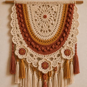 Puede incluir: Un tapiz de ganchillo semicircular colgado de una varilla de madera. La pieza presenta un patrón de mandala central en crema, amarillo mostaza y terracota, acentuado con puntos de bodoque, tres grandes motivos florales y borlas.