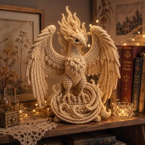 May include: A beige crochet phoenix figurine with intricate wing details, a crested head, and a textured body. The mythical bird stands atop a circular, swirled base made of yarn, featuring dark eyes and detailed plumage crafted from yarn stitches.