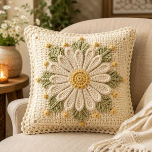 May include: A square crochet throw pillow in cream yarn featuring a large, central three-dimensional daisy motif. The flower has white petals, a yellow center, and sage green leaves, accented with small yellow bobbles on a textured cream background.