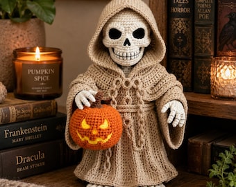 Halloween Grim Reaper Crochet Pattern, Pumpkin Skeleton Amigurumi Tutorial (PDF Download)