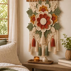 Puede incluir: Un tapiz de macramé que presenta un arreglo central de flores tejidas a ganchillo en tonos crema, naranja óxido y amarillo mostaza, acentuado con hojas de color verde salvia. La pieza cuelga de un soporte de madera y tiene borlas.