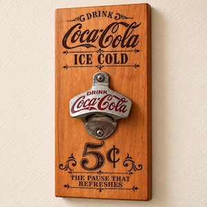 May include: A rectangular wooden wall-mounted bottle opener featuring the Coca-Cola logo, the text "DRINK", "ICE COLD", "5¢", and "THE PAUSE THAT REFRESHES". A metal bottle opener with a red Coca-Cola logo is secured to the centre with two screws.