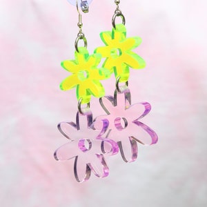 Flower power double drop hook earrings in acid & pink