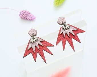 Glittery laser cut Bang Bang drop stud earrings in Red, Baby Pink & Silver. Awesome sparkly earrings