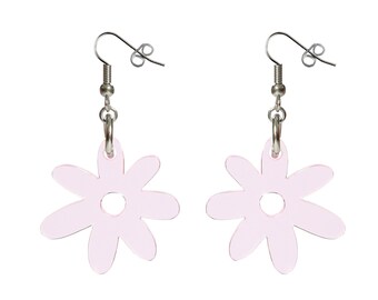May include: A pair of pink flower-shaped earrings with silver hooks.