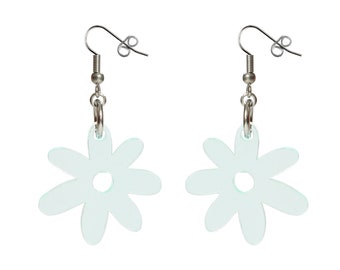 May include: A pair of silver dangle earrings with a light blue flower charm. The flower charm has a hole in the center.