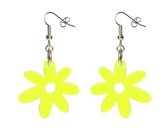 May include: A pair of neon yellow flower-shaped earrings with silver hooks.